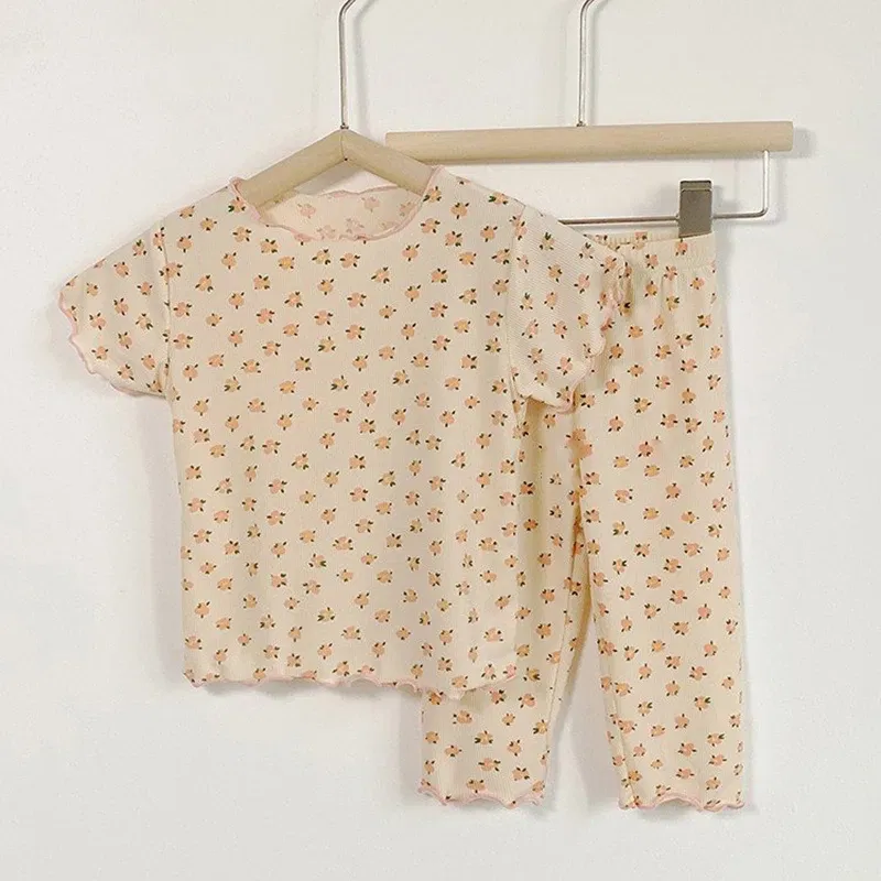 Color: Beige, Kid Size: 10 - Summer Printing Short-Sleeved Loungewear Suit Boys And Girls Pajamas Pants Two-Piece Set 2-6 Years Old Robe