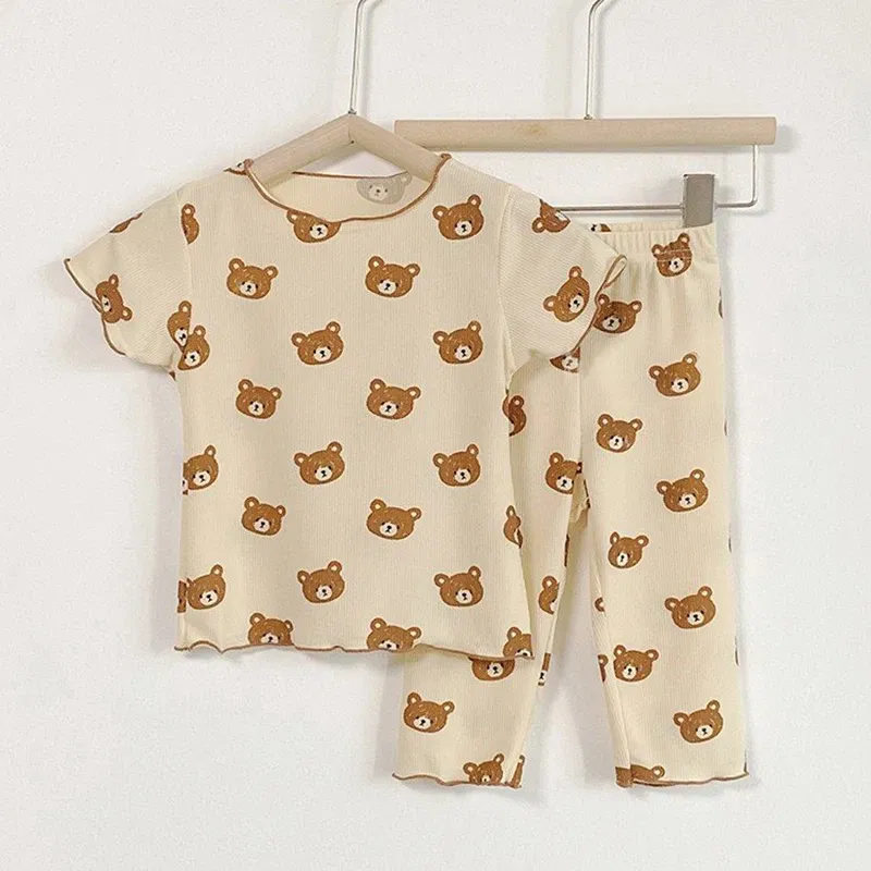 Color: Beige, Kid Size: 10 - Summer Printing Short-Sleeved Loungewear Suit Boys And Girls Pajamas Pants Two-Piece Set 2-6 Years Old Robe
