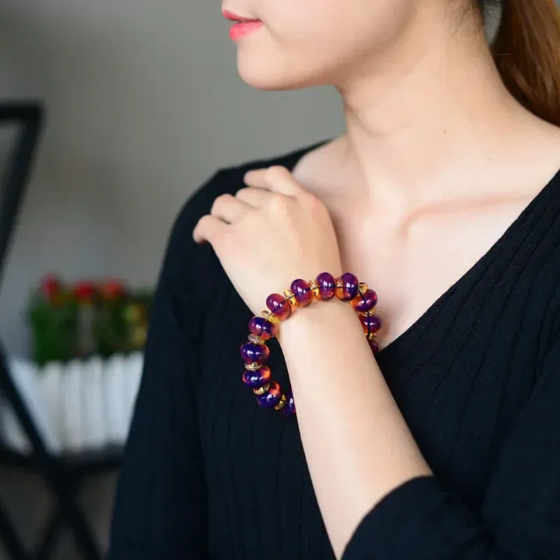 Metal Color: REDDISH BROWN - Amber Baltic Certificate Violet Bracelet Original Stone Amber Beads Bracelets for Men and Women Beeswax Bracelets