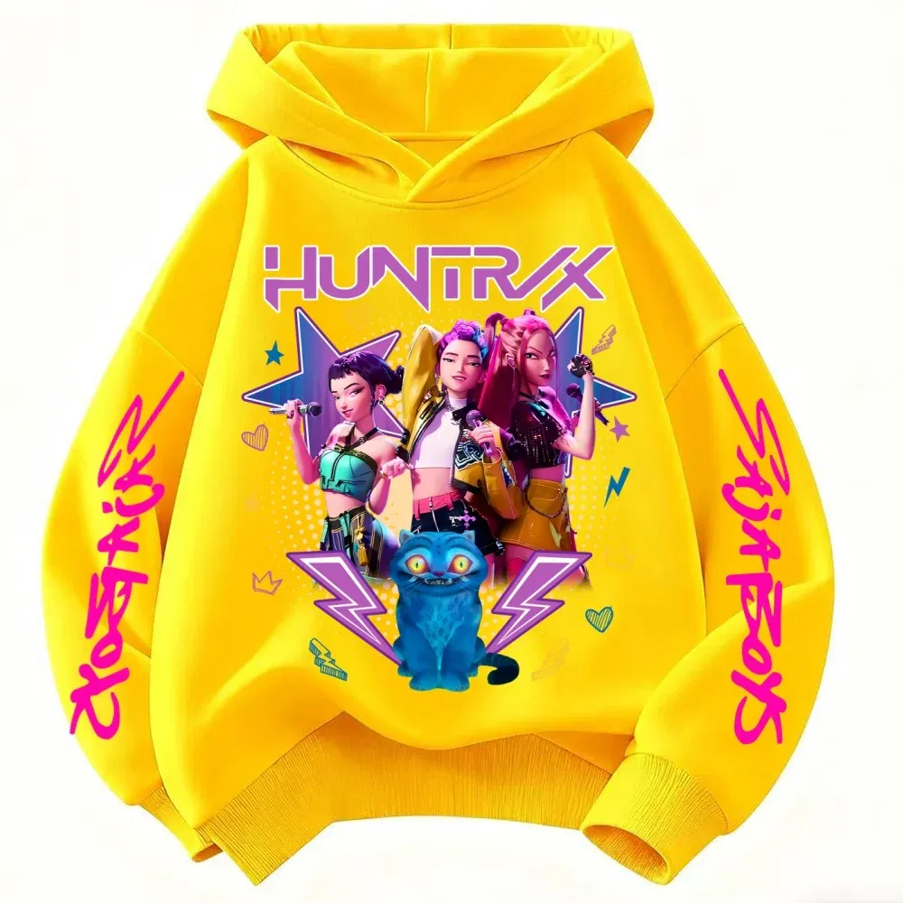 Color: Yellow, Kid Size: 5 - Demone Hunter Girl's Pink Hooded Streetwear Autumn Cute Anime Baby Pullover Kids Y2K Kawaii Long Sleeved T-shirt Casual Clothes