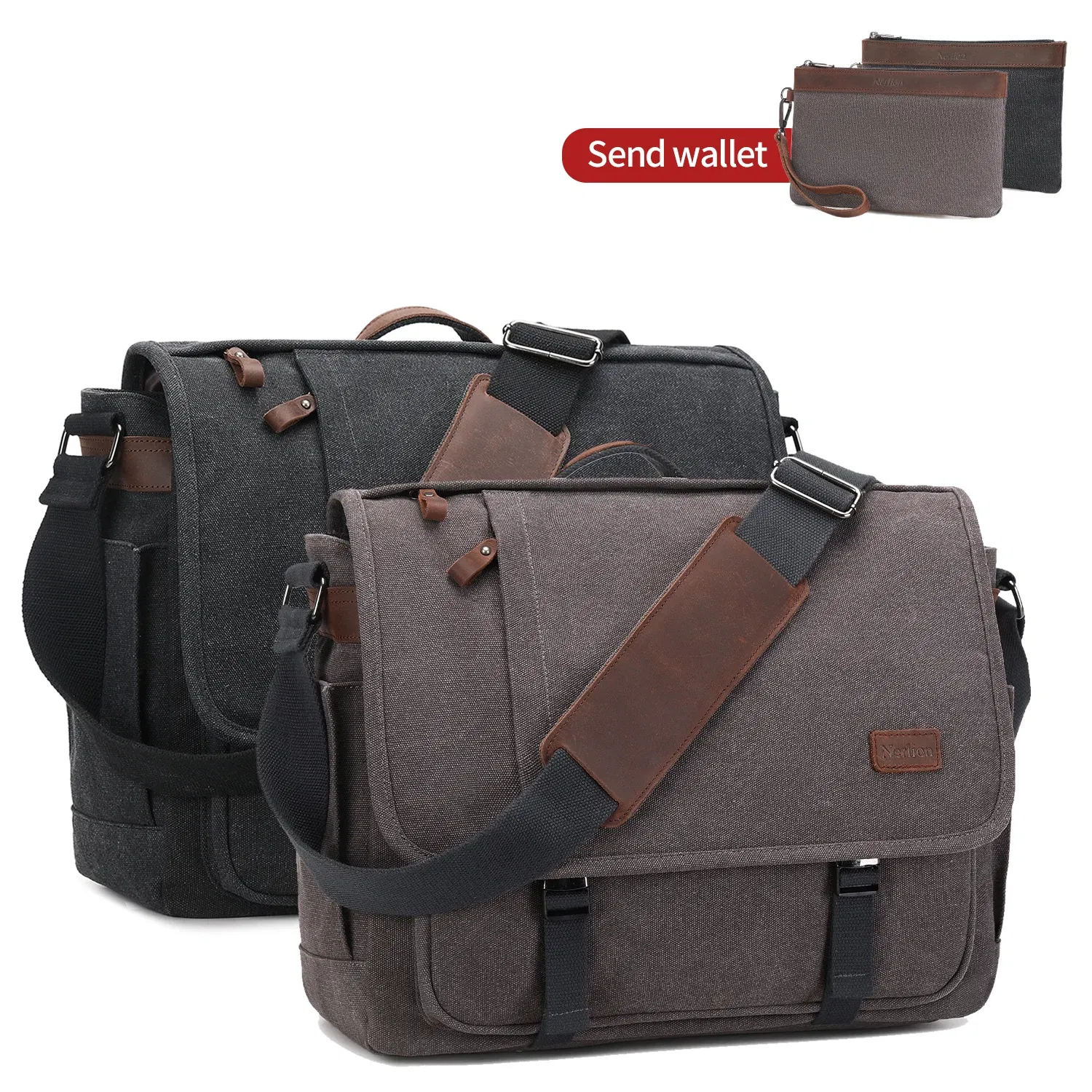 Color: Brown - Waterproof Canvas Messenger Bag for Men, Messenger Bag  ,Shoulder Bag, Casual Computer Bag, Business Bag, Crazy Horse Cowhide