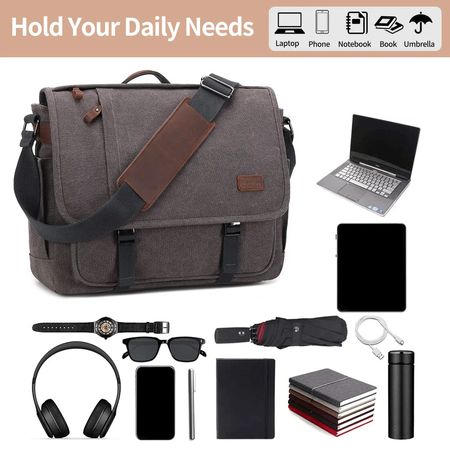 Color: Brown - Waterproof Canvas Messenger Bag for Men, Messenger Bag  ,Shoulder Bag, Casual Computer Bag, Business Bag, Crazy Horse Cowhide