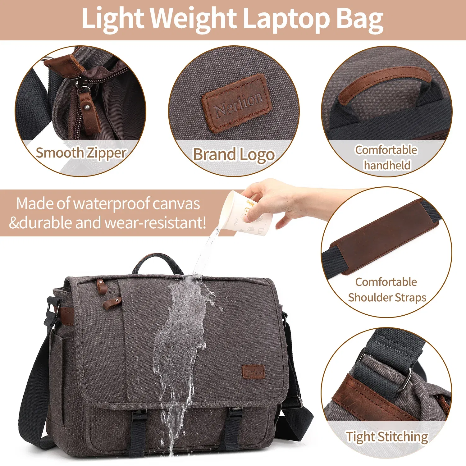 Color: Brown - Waterproof Canvas Messenger Bag for Men, Messenger Bag  ,Shoulder Bag, Casual Computer Bag, Business Bag, Crazy Horse Cowhide