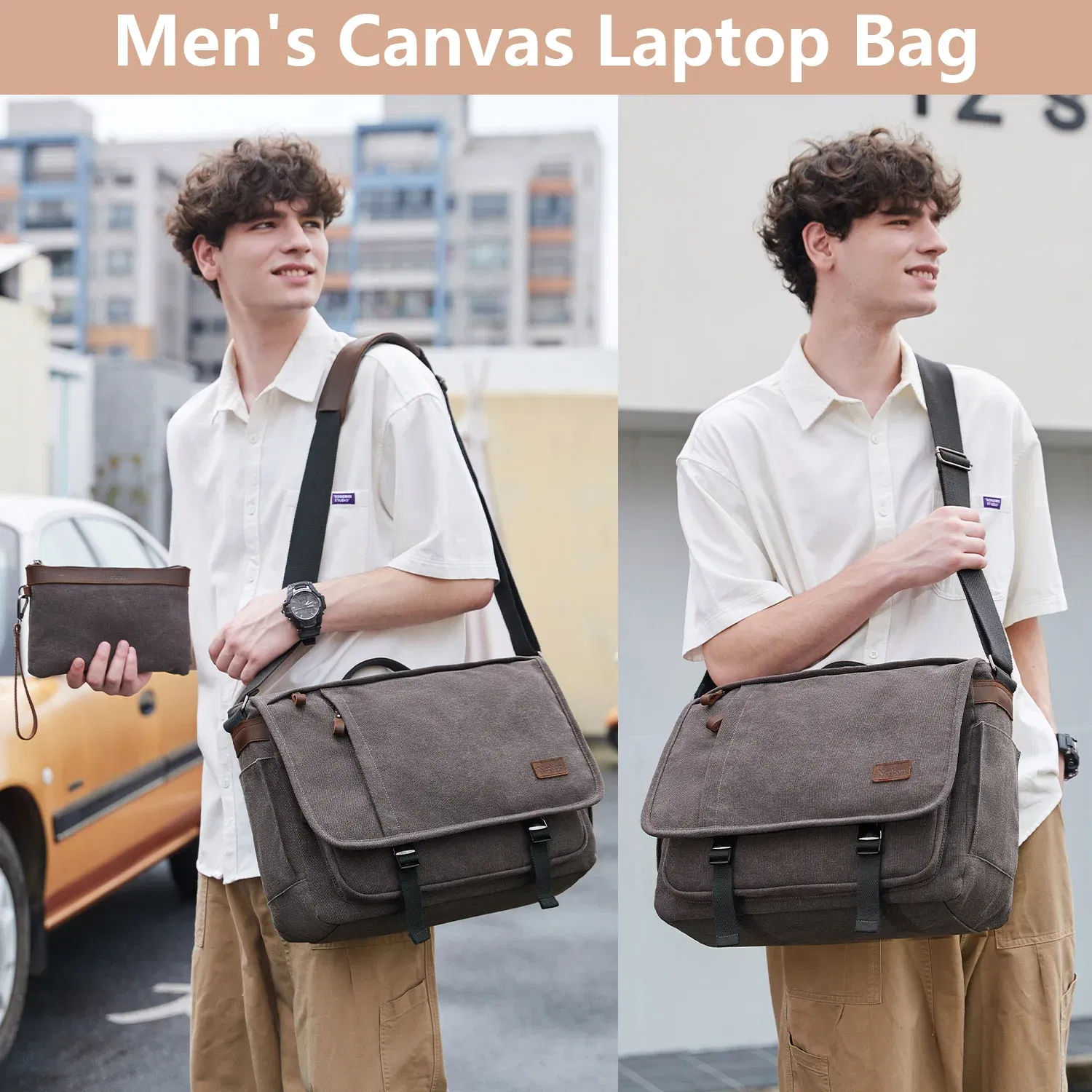 Color: Brown - Waterproof Canvas Messenger Bag for Men, Messenger Bag  ,Shoulder Bag, Casual Computer Bag, Business Bag, Crazy Horse Cowhide