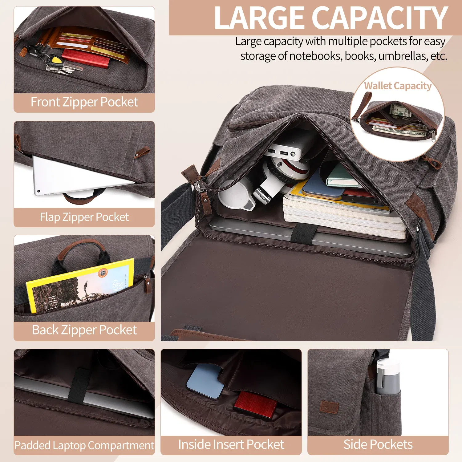 Color: Brown - Waterproof Canvas Messenger Bag for Men, Messenger Bag  ,Shoulder Bag, Casual Computer Bag, Business Bag, Crazy Horse Cowhide