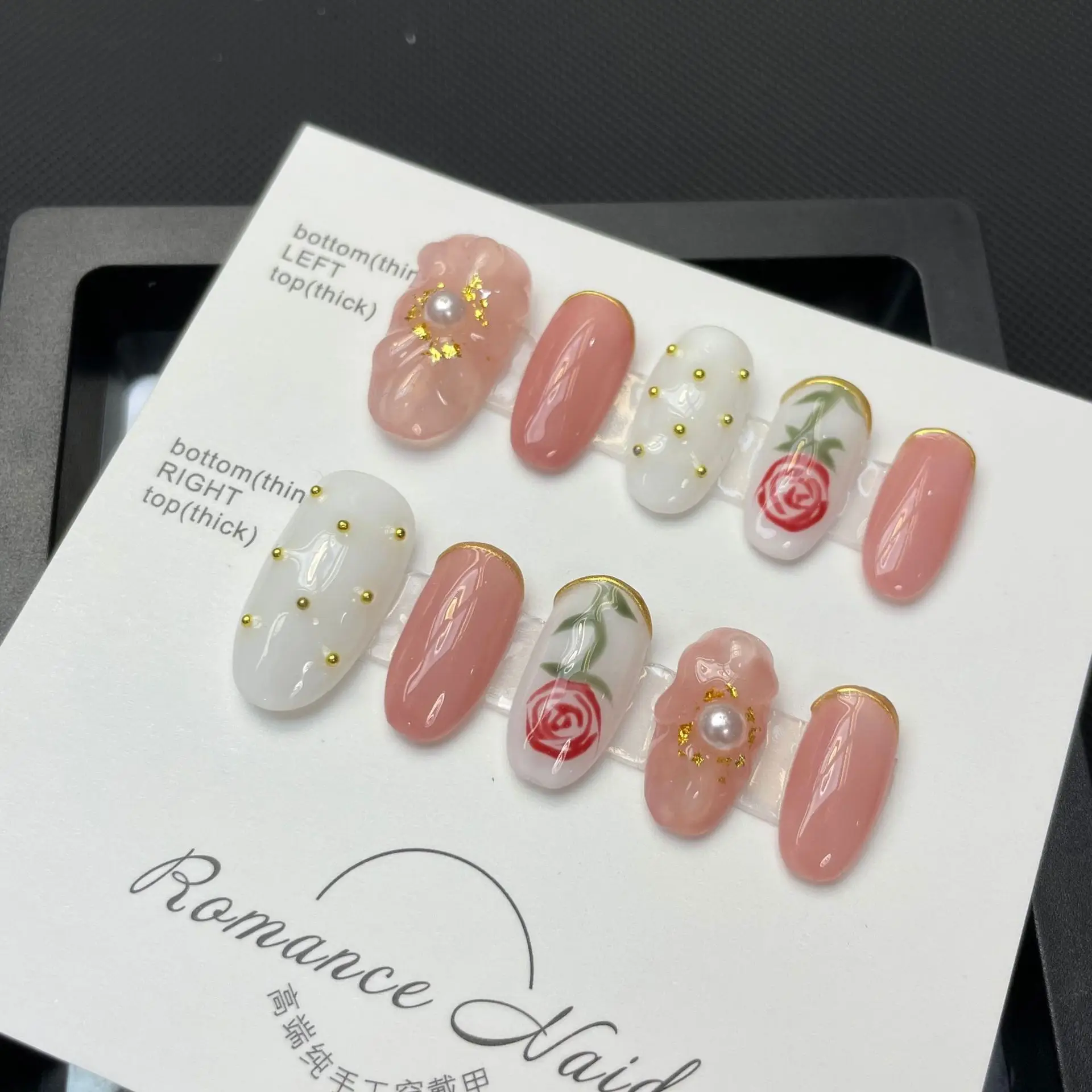 Color: Pink - 10 pcs Luxury Handmade Press on Nails Middle Ellipse Pink Tulip Design False Nails with 4-PIECE Tool Adhesive Nail Glue Tabs