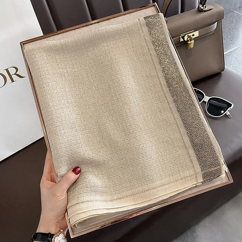 Color: Beige, Size: One Size - 2023 New Women Scarf Winter Warm Solid Silk Wool Shawls Lady Wraps Bufanda Floral Pashmina Luxury Embroidery Warn Scarves