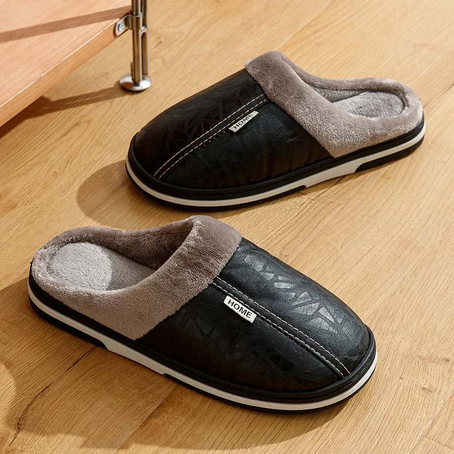 Color: black, Shoe Size: 12 - Big Size Winter Casual Men's Slippers Indoor Waterproof PU Leather Home Shoes Fur Flat Warm Fashion Bedroom Houseshoes
