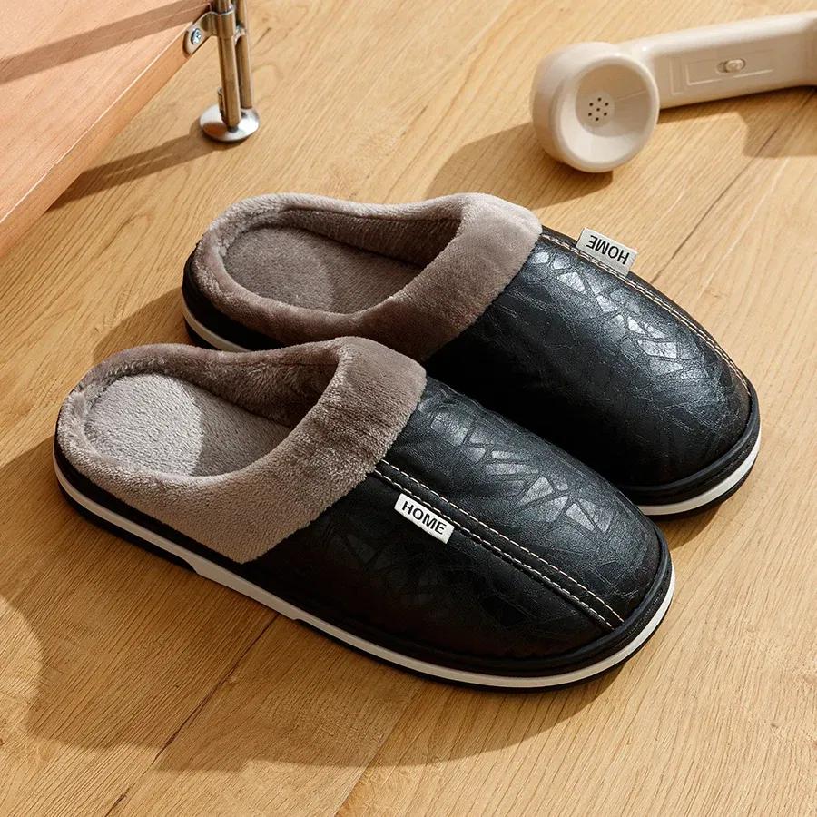 Color: black, Shoe Size: 12 - Big Size Winter Casual Men's Slippers Indoor Waterproof PU Leather Home Shoes Fur Flat Warm Fashion Bedroom Houseshoes