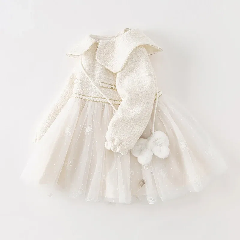 Color: WHITE, Kid Size: 4 - Dave Bella Girl's Dress Children's Autumn Winter Princess Dress Charm Sweet Classy Gentle Fashion Mesh Party DB4237805
