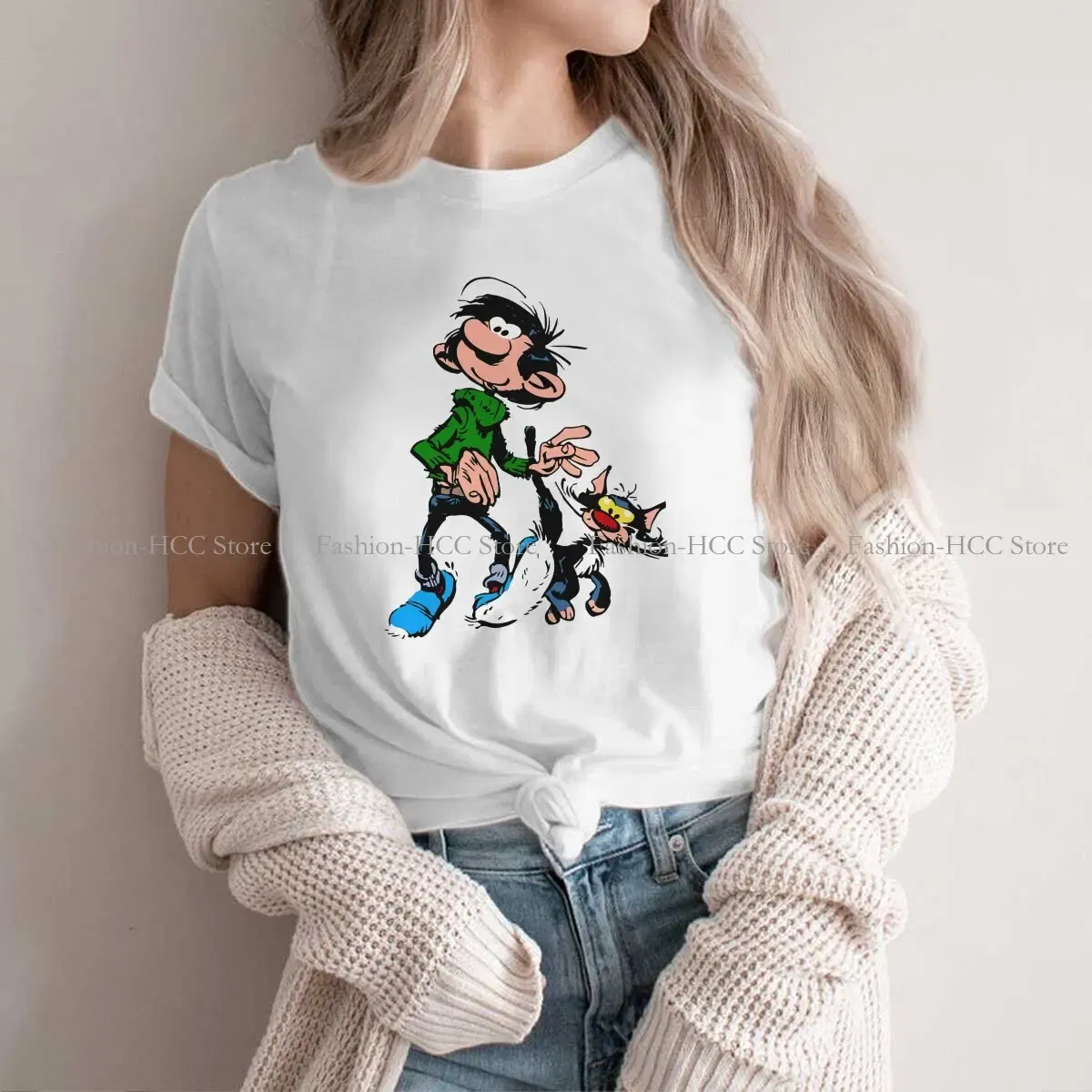 Color: black, Size: M - Gaston Lagaffe Comic Polyester TShirts Cartoon Color Big Ben Walking With Cat Classic Personalize Homme T Shirt Funny Tops