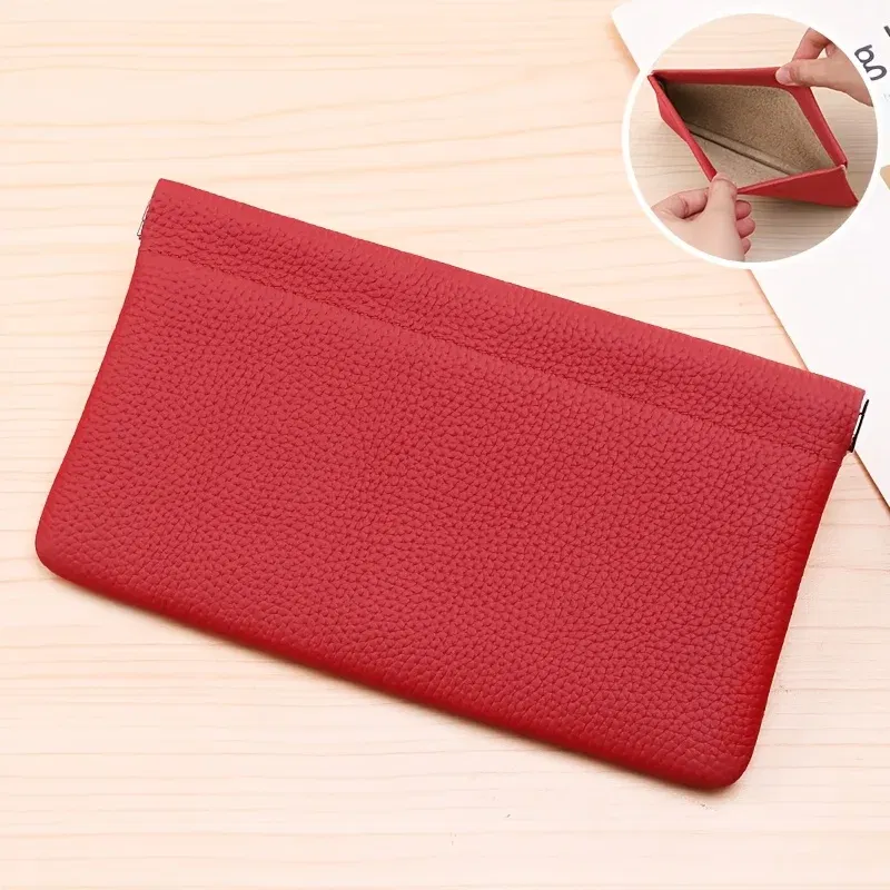 Color: Red - Self-closing first-layer genuine cowhide long wallet passport driver's license document holder data cable cosmetic bag storage