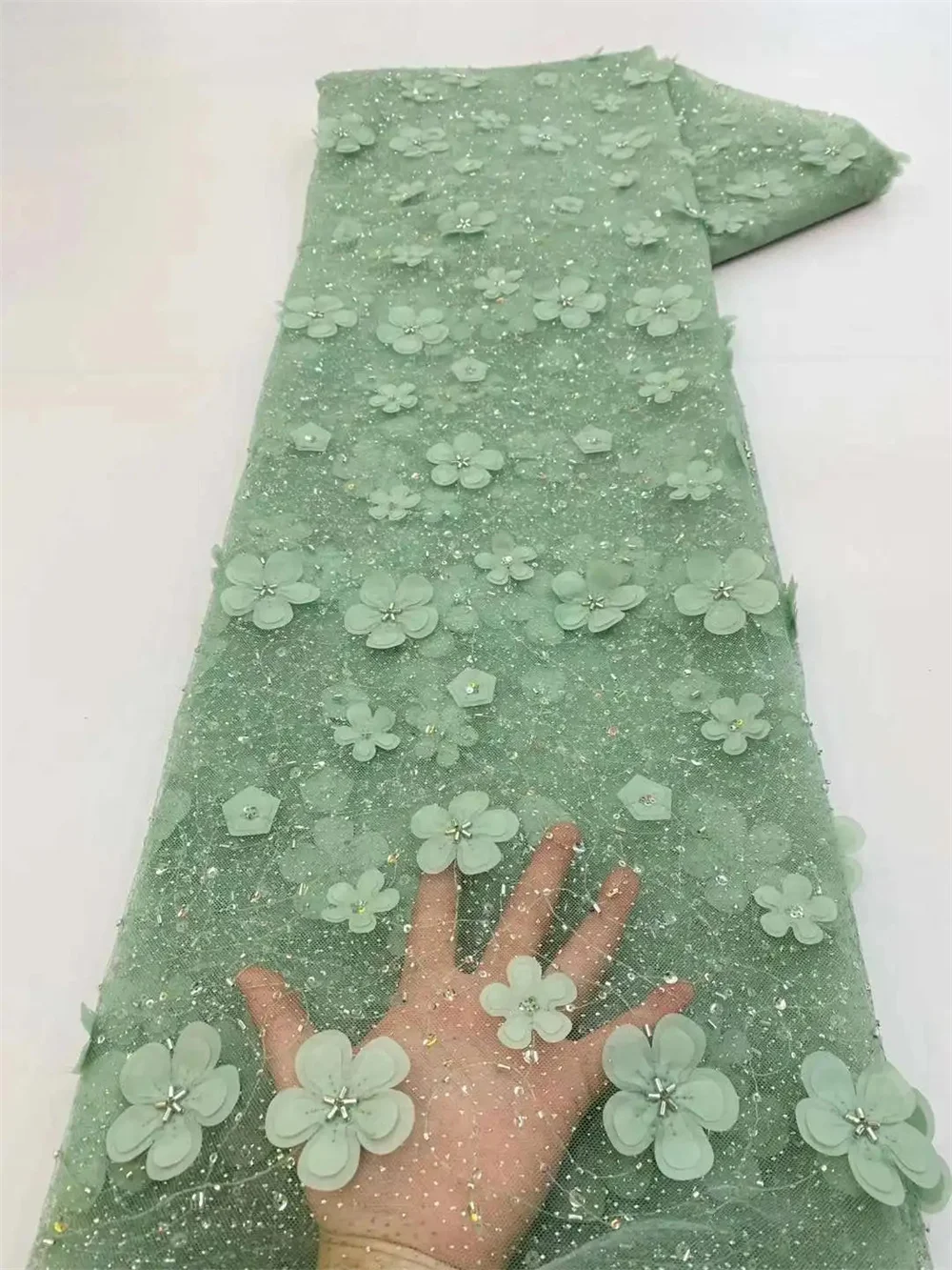 Color: BROWN, length: 5 yards, Width: 120cm - African Net Lace Sequin Fabric High quality Luxury Hand Beaded Embroidery Tulle Lace Fabrics for Nigeria Wedding Dress