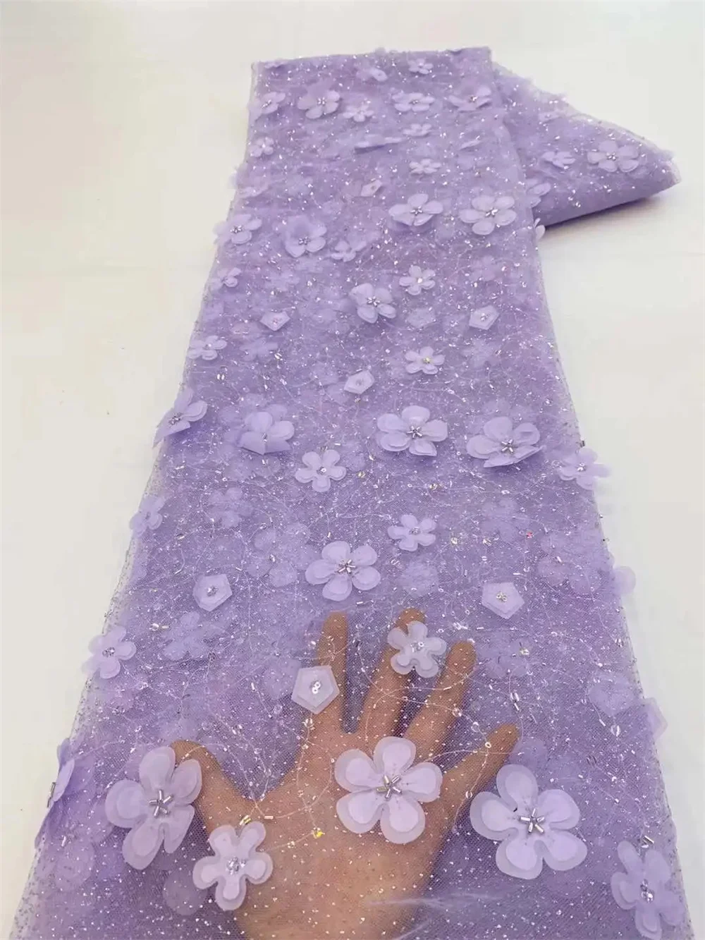 Color: BROWN, length: 5 yards, Width: 120cm - African Net Lace Sequin Fabric High quality Luxury Hand Beaded Embroidery Tulle Lace Fabrics for Nigeria Wedding Dress