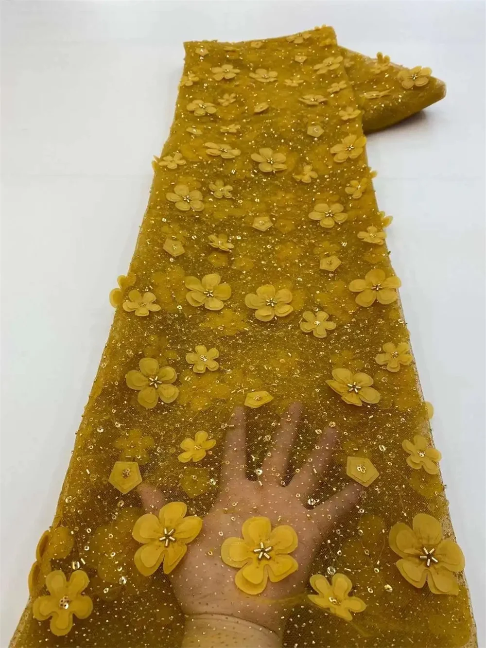 Color: BROWN, length: 5 yards, Width: 120cm - African Net Lace Sequin Fabric High quality Luxury Hand Beaded Embroidery Tulle Lace Fabrics for Nigeria Wedding Dress