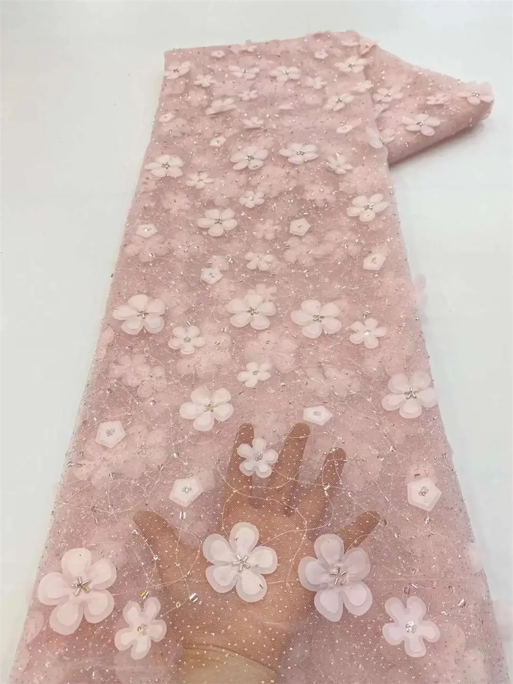 Color: BROWN, length: 5 yards, Width: 120cm - African Net Lace Sequin Fabric High quality Luxury Hand Beaded Embroidery Tulle Lace Fabrics for Nigeria Wedding Dress