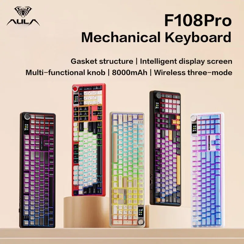 Color: BROWN - AULA F108 Pro Mechanical Keyboard Three-mode Bluetooth /2.4G/ Wired Customized Full-key Hot-swapable Gasket Structure RGB Light