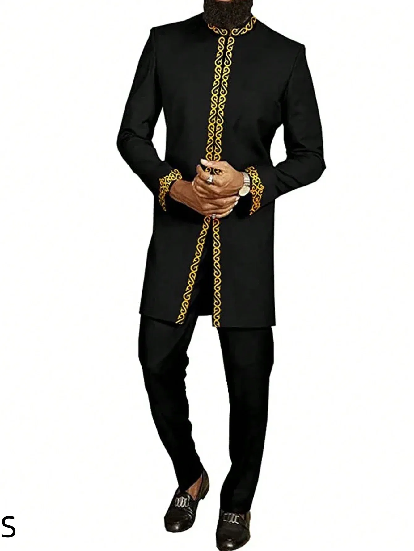 Color: Yellow, Size: M - 2025 New men's suit, white pocket, 2-piece set, luxury wedding casual suit, traditional African style of ethnic minorities