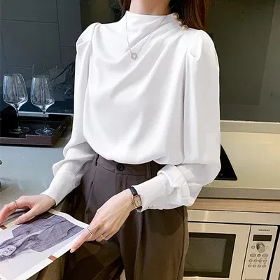Color: WHITE, Size: S, Ships From: CHINA - Spring Autumn Elegant Office Women Shirt Mujer Chic Satin Formal Lantern Sleeve Blouse Tops Loose Pullover Jumper Street Clothes