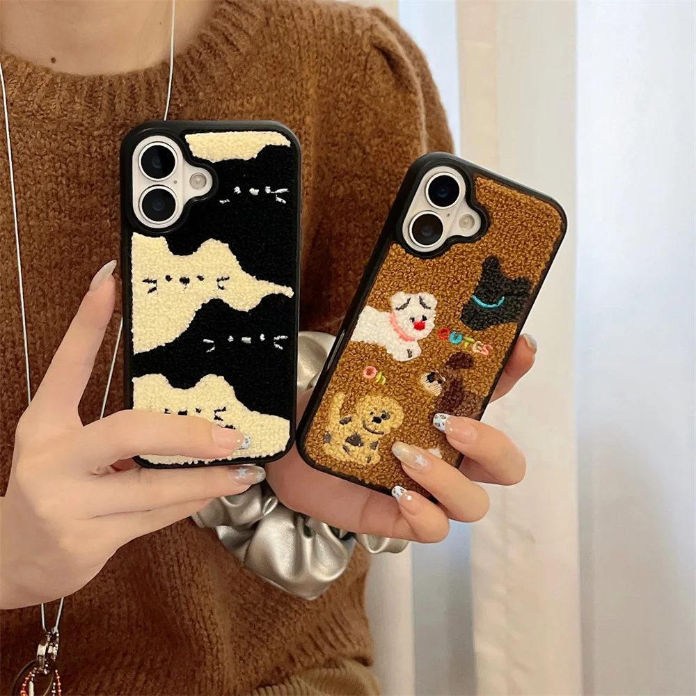 Color: Beige, Material: aluminum - Luxury Cartoon Embroidery Cute Dog Cats Colorful Dots Phone Case For iPhone 13 14 15 16 Pro Max Plush Winter Shockproof Cover