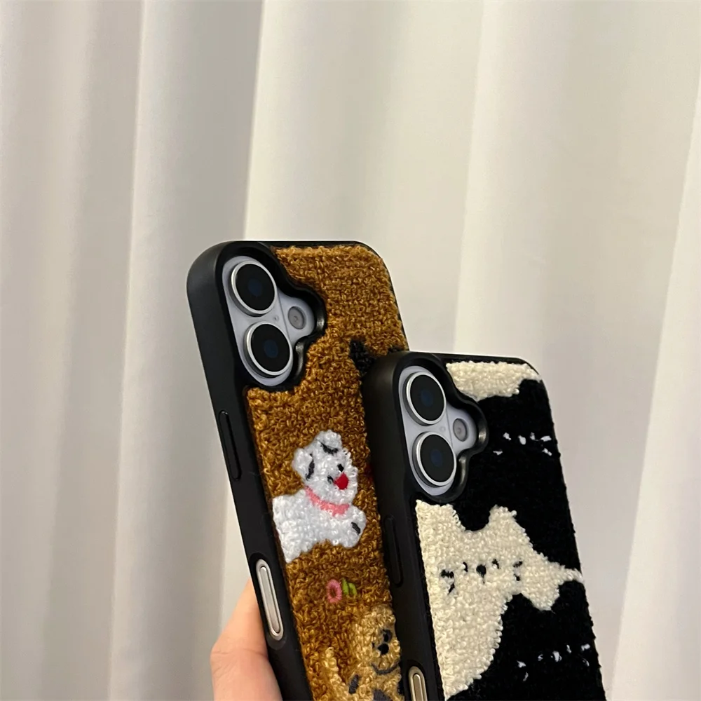 Color: Beige, Material: aluminum - Luxury Cartoon Embroidery Cute Dog Cats Colorful Dots Phone Case For iPhone 13 14 15 16 Pro Max Plush Winter Shockproof Cover