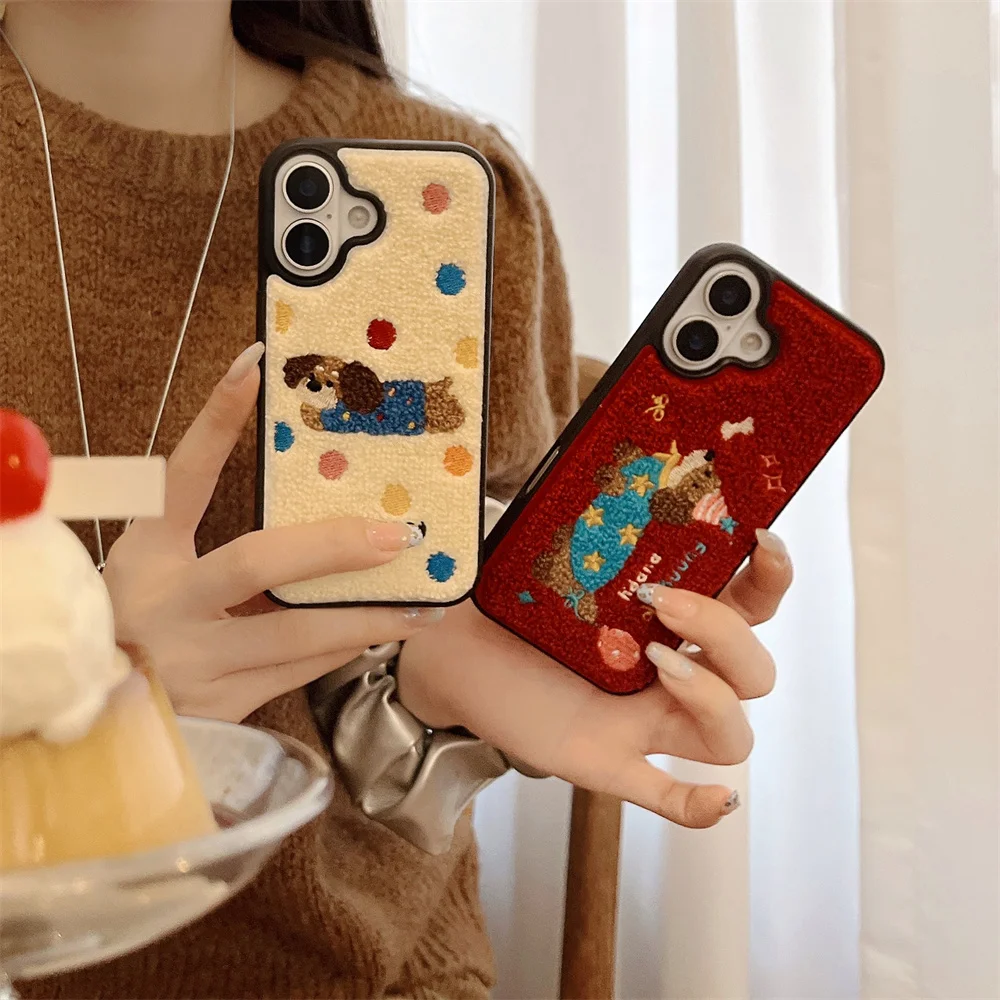 Color: Beige, Material: aluminum - Luxury Cartoon Embroidery Cute Dog Cats Colorful Dots Phone Case For iPhone 13 14 15 16 Pro Max Plush Winter Shockproof Cover