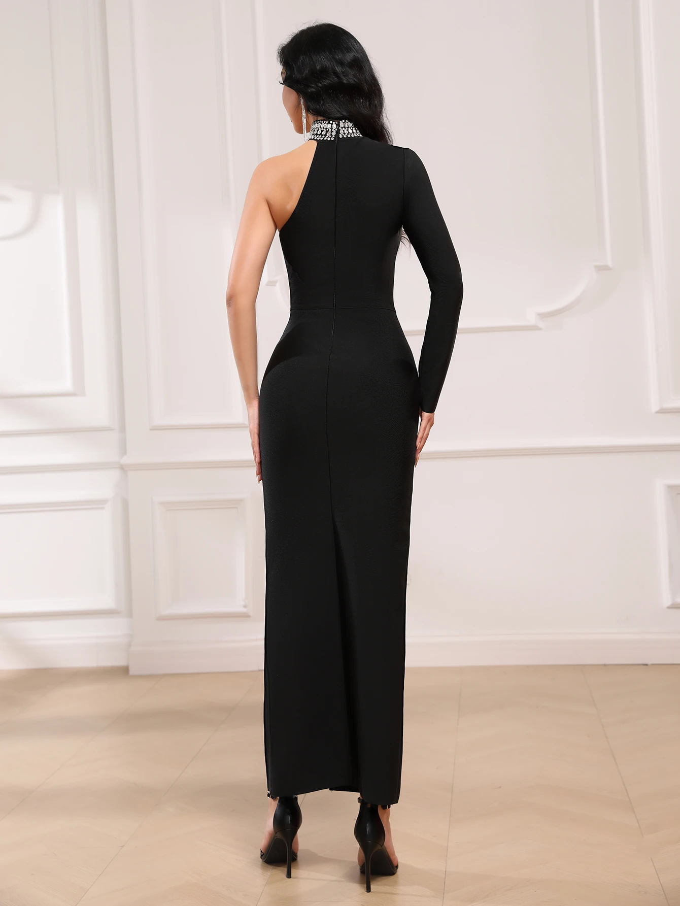 One Shoulder Bandage Dresses Women Round neck One Sleeve Evening Dresses Handmade Rhinestone Celebrity Party Dresses Vestidos