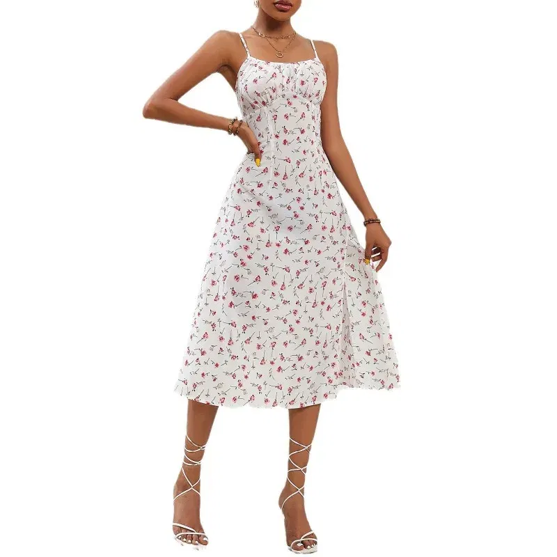 Color: Brown, Size: XXL - 2025 Summer Sexy Spaghetti Straps Dress Women Fashion Polka Dot Print Sleeveless Slit Dress Boho Casual Beach Midi Dresses