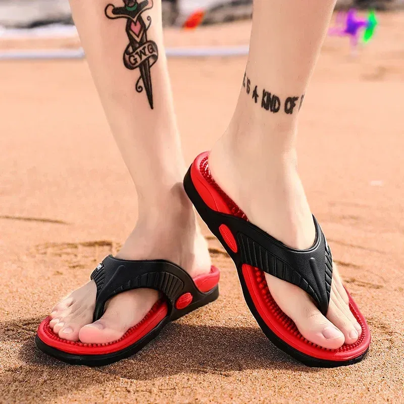 Color: Red, Shoe Size: 40 - Massage Flip Flops for Men Summer Breathable Beach Shoes Sandals Men Luxury Flip Flops Breathable Plus Big Size Men Slippers 46