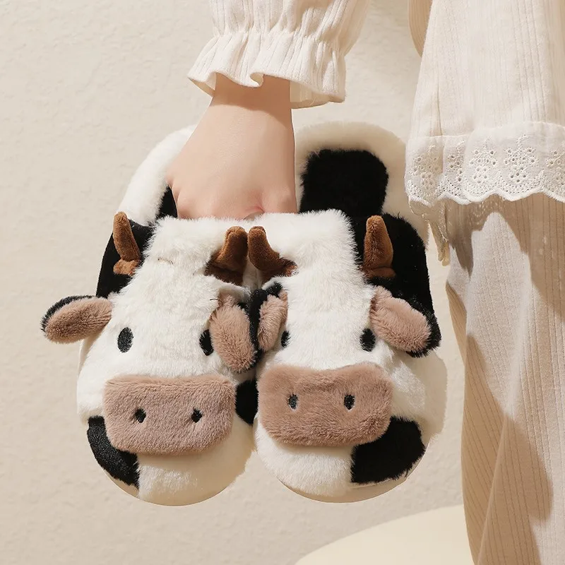 Color: Khaki, Shoe Size: 38 - New Winter Unisex Cartoon Cow Warm Plush Slippers Couple's Indoor Non-slip House Mule Men And Women Toe Wrap Home Cotton Shoes