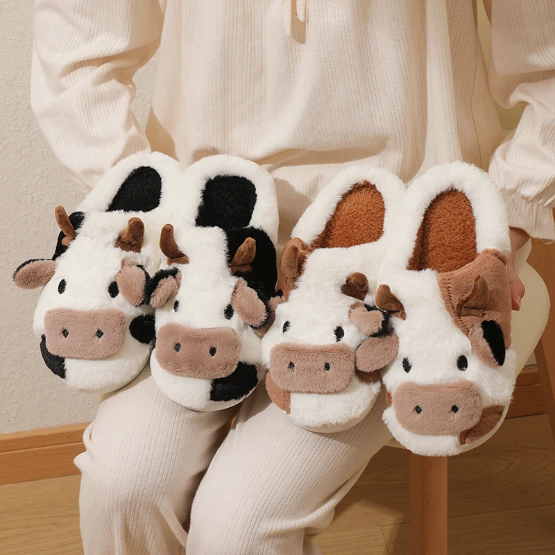 Color: Khaki, Shoe Size: 38 - New Winter Unisex Cartoon Cow Warm Plush Slippers Couple's Indoor Non-slip House Mule Men And Women Toe Wrap Home Cotton Shoes