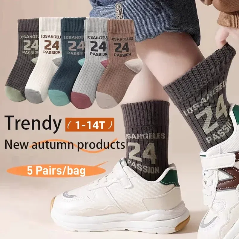 Color: Pink, Size: 7-9T - Autumn Socks Boys Solid With Letters Pattern Cotton Sock Children's Sporty Socks Spring Autumn Mid Calf Socks 5 pairs