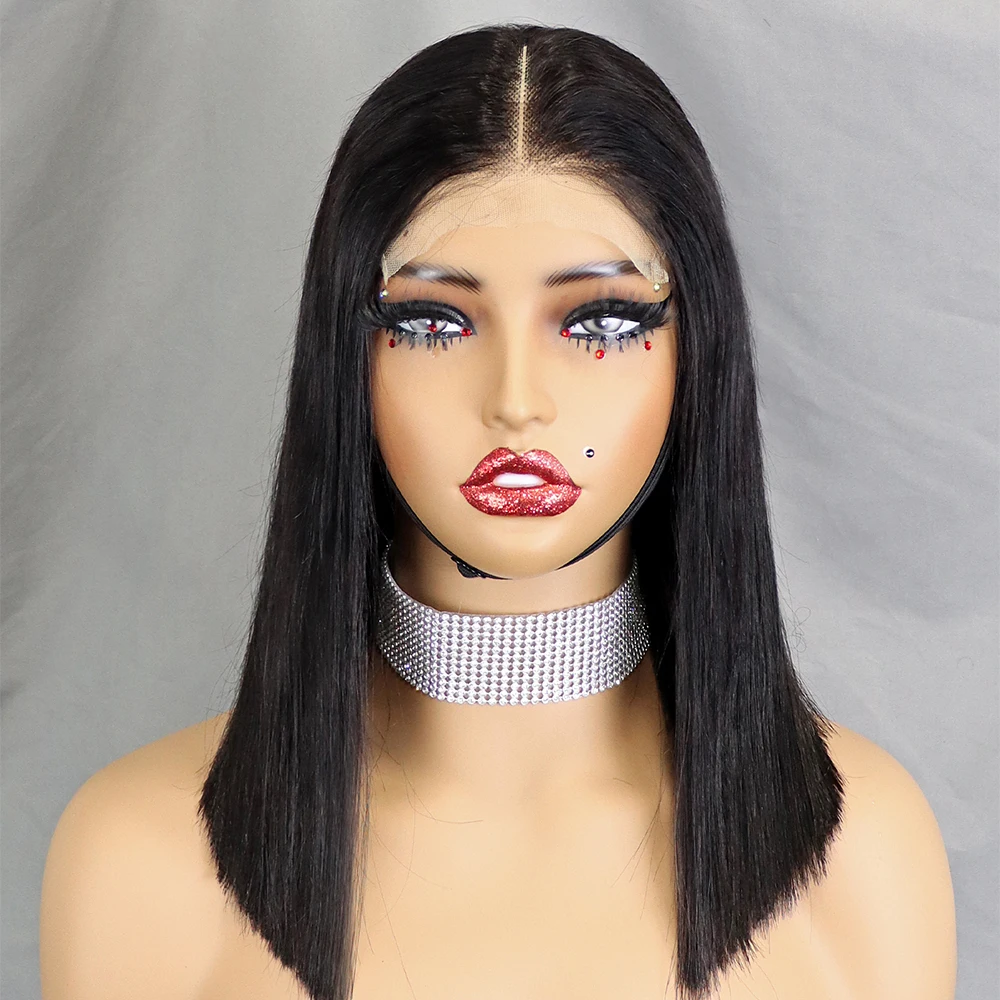 Stretched Length: 10inches, Lace Wig Type: slide part, Density: 100% - 350% 5x5 HD Lace Glueless Wig 10-14 inch Blunt Cut Bone Double Drawn 12A Hair Straight Bob Human Hair Wig Closure Frontal Wigs