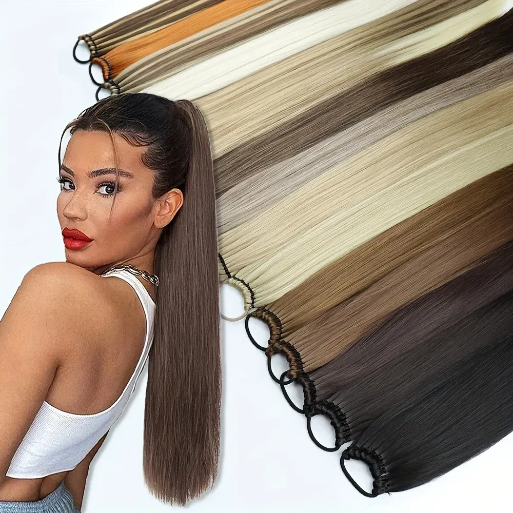 Color: 4/30HL, Ships From: CHINA, Stretched Length: 24inches - Synthetic 24Inch Ponytail Extensions Black Natural Braided Pony Tail Hairpiece Long Straight Rubber Band Hair For Women