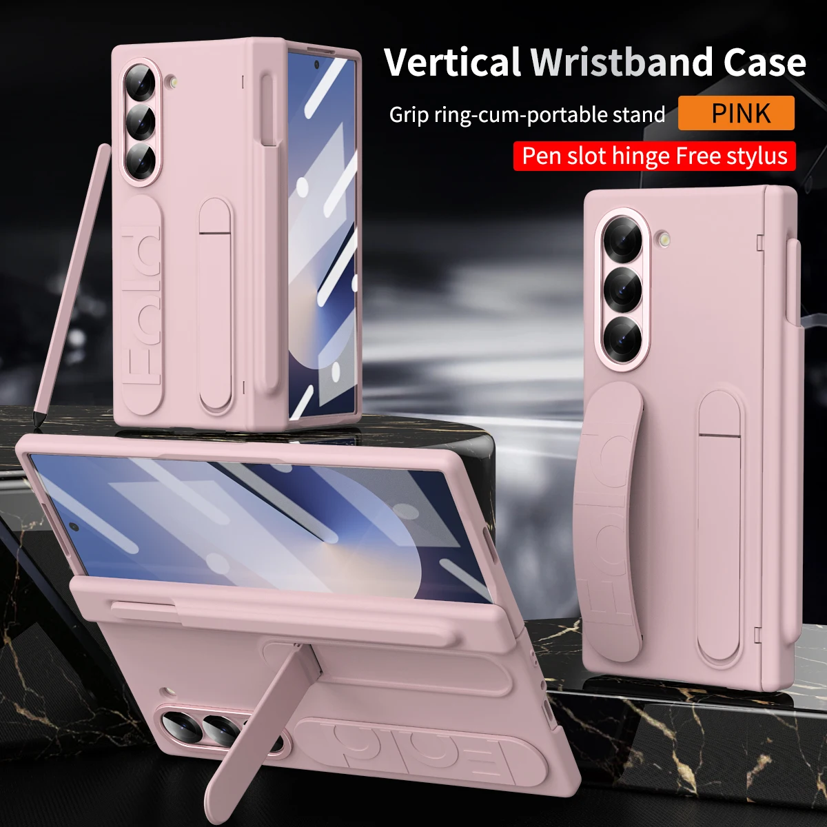 Color: black, Material: Cotton Fabric - Touch Pen Case For Samsung Galaxy Z Fold 6 5 4 3 Skin Friendly Folding Hinge with Elastic Wrist Band Screen Tempered Film Cover