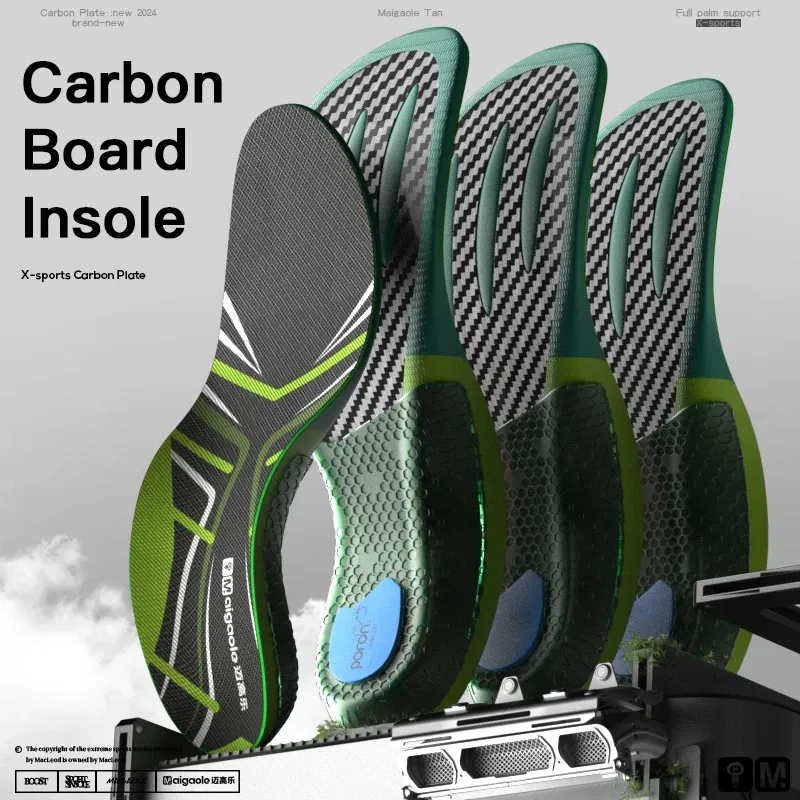 Color: green, Shoe Size: 2.5 - Maigaole Racing Running Insole Marathon Physical Examination Full-Length Real Carbon Plate Running Enhancement with Speed Rebound