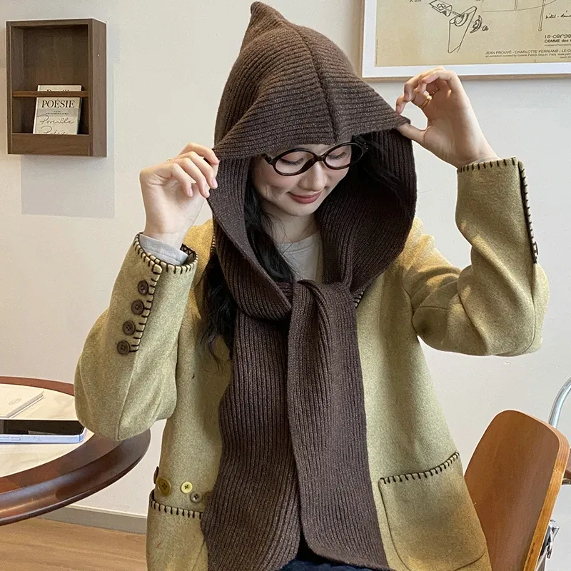 Color: Yellow, Size: One Size - Big Knitted Hat Beanies Cap for Men&Women Winter Warm Unisex Hooded Hat Neck Collar Scarf Cap Ski Cold Hat Balaclava Caps Bonnet