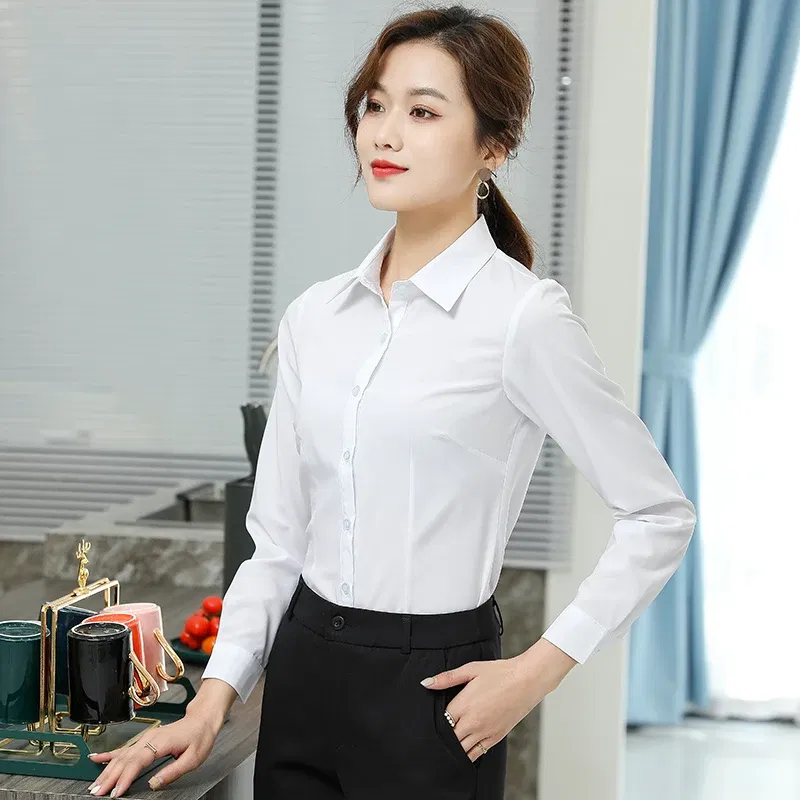 Color: WHITE, Size: L - Formal Dress Women Shirt Long Sleeve Blouse New Black Shirt Women Tops 2024 Fashion Women Clothing Basic White Shirts OL Blouses