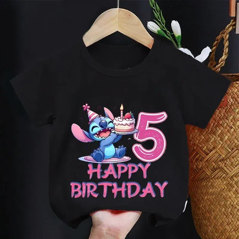 Color: SKY BLUE, Kid Size: 24M - Lilo Stitch Children T-shirt Birthday 3-10 Years Boy Girl Clothing Summer Cartoon Print Tshirt Short Sleeve Cotton Top Baby Tee