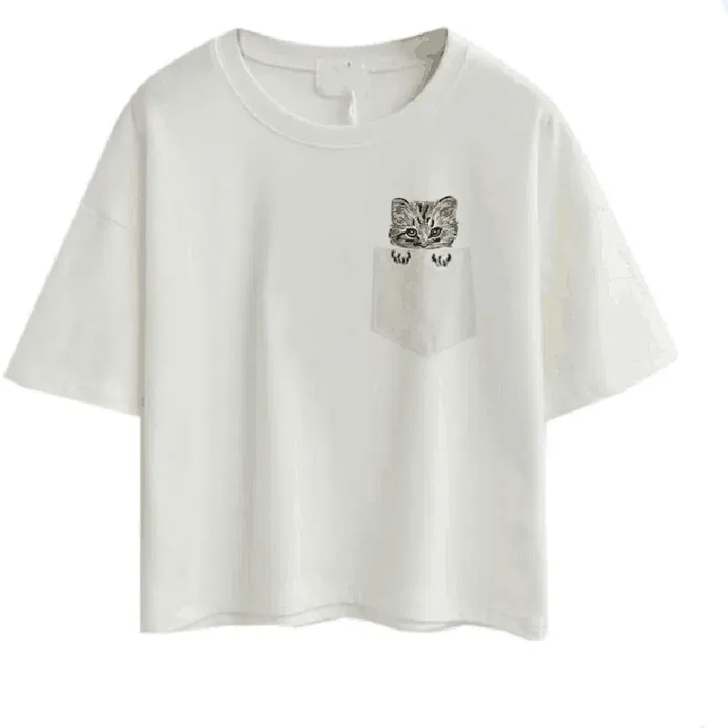 Color: Pink, Size: XL, Ships From: CHINA - 2021 Summer Cotton Short Sleeved Crop Top T-shirt Femme Embroidered Cat T Shirts Cartoon Women Fashion Cactus Top Tee T Shirt