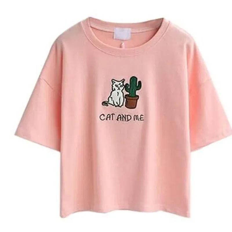 Color: Pink, Size: XL, Ships From: CHINA - 2021 Summer Cotton Short Sleeved Crop Top T-shirt Femme Embroidered Cat T Shirts Cartoon Women Fashion Cactus Top Tee T Shirt