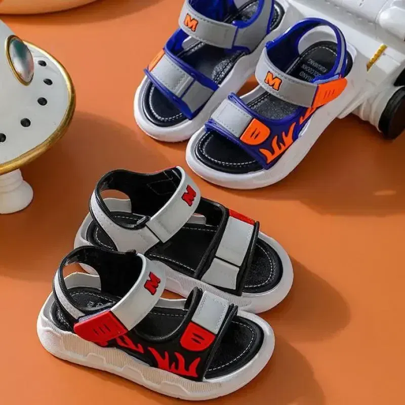 Color: Beige, Shoe Size: 31 - Baby Sandals Flame Pattern Boy Sandals Soft Sole Anti-slip Boys Girls Children Shoes