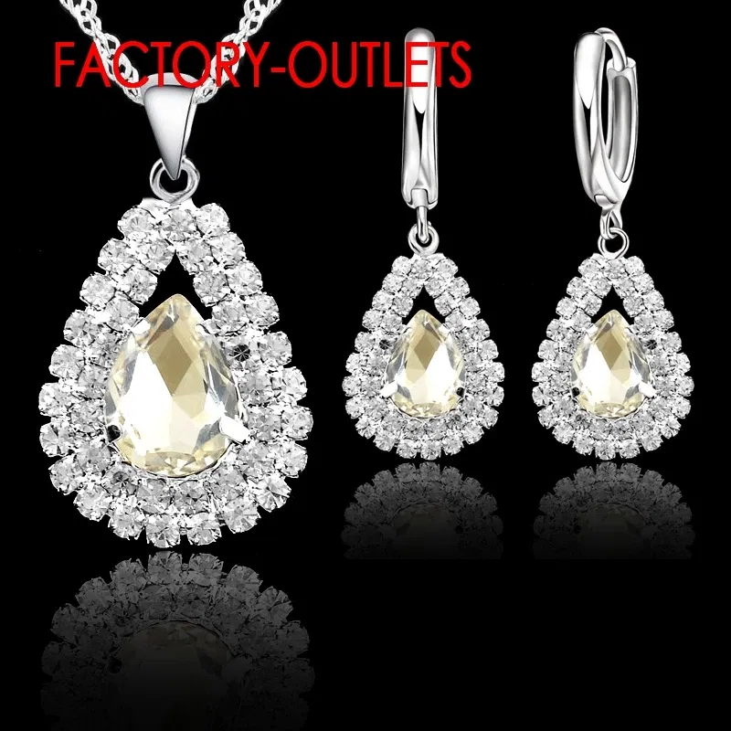 Metal color: Light Yellow Gold Color - Hot Sale 925 Silver Needle Bridal Jewelry Sets Austrian Crystal Water Drop Necklaces Hoop Earrings Women Party Engagement