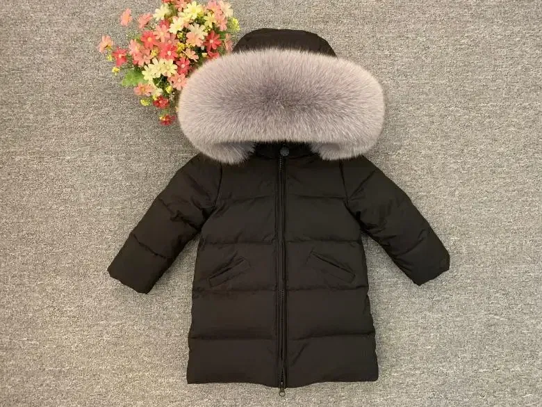 Color: PEACOCK BLUE, Kid Size: 12M - Children Girl boy Winter real fur thickened down jackets 90 down Long Coat jacket overcoat baby kids clothing -30 outwear ws1245