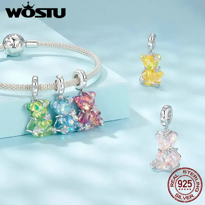 Gem Color: Green - WOSTU Real 925 Sterling Silver Princess Pink Bear Bead Blue Rose Red Bears Pendant Charms Fit Bracelet Neckalce DIY Bithday Gift