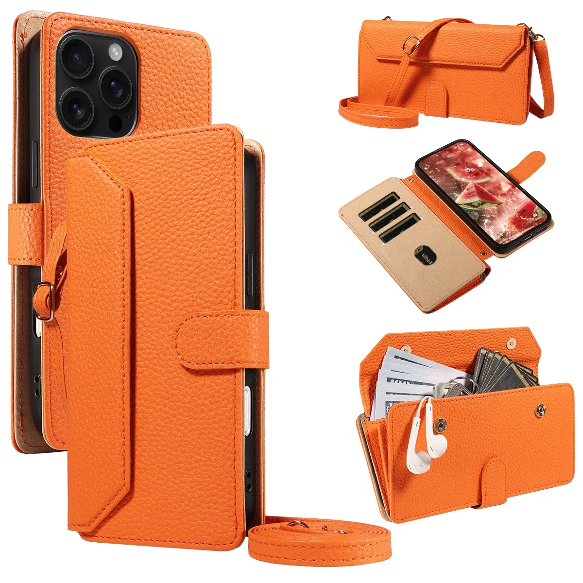 Color: Orange, Bundle: Case & Strap, Material: Artificial Leather, Compatibility by Model: Galaxy S24 FE - Crossbody Leather Phone Case for Samsung Galaxy S25Edge S25Ultra S24FE S24Ultra S23Ultra Multi-Card Slot Anti-Drop Wallet Case