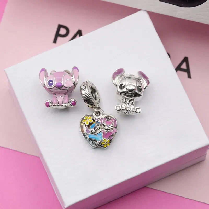 Gem Color: PURPLE - S925 Silver Jewelry Stitch and Angel Charms Disney Series Bead 1:1 Model with Logo Fit Pandora Bracelet Women Diy Making Jewelry