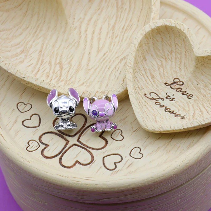 Gem Color: PURPLE - S925 Silver Jewelry Stitch and Angel Charms Disney Series Bead 1:1 Model with Logo Fit Pandora Bracelet Women Diy Making Jewelry