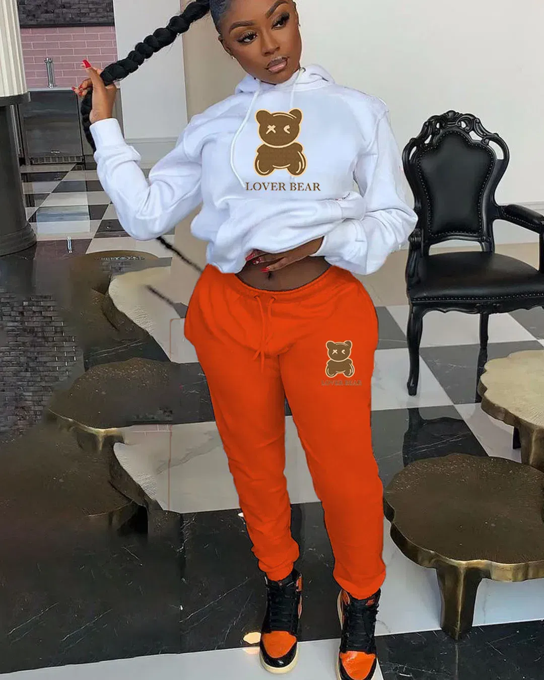 Color: Silver, Size: XL - 2 Piece Set Women Outfit Letter Bear Print Hooded Neck Hoodies Sweatshirt Pants Tracksuit 2024 Plus Size Streetwear Casual Suit