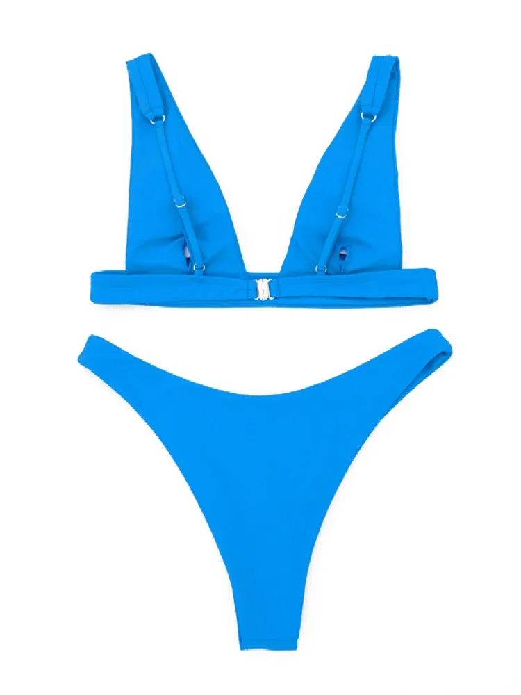 Color: Blue, Size: M - 2023 New Sexy Solid Bikini Women V-neck Swimwear Two Pieces Swimsuit Female Low Waist Bikini Set Brazilian Bathing Suit Bathers